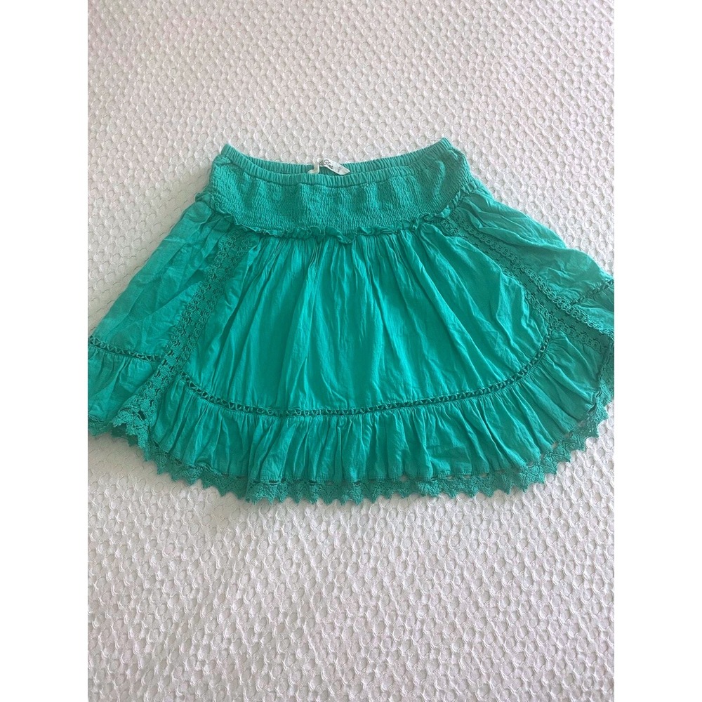 Vanilla Star Womens Teal Green Smocked Waist Crochet Lace Trim Mini Skirt Small